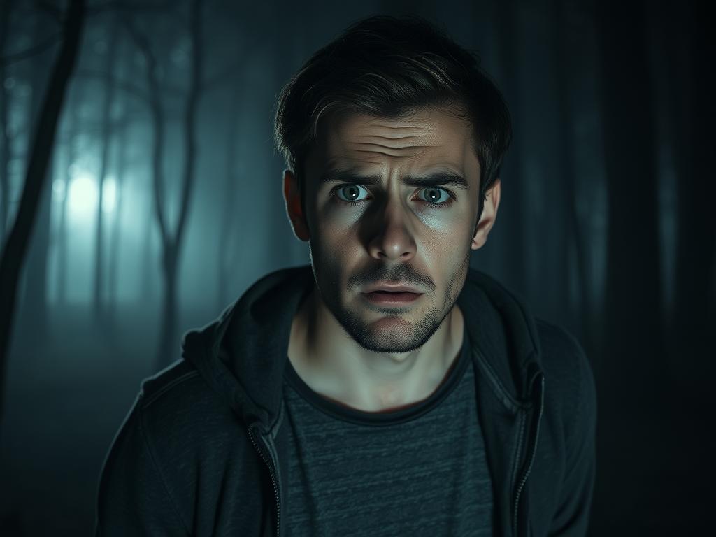 Osoba z wyrazem niepokoju w ciemnym, mglistym lesie, sennik las i grzyby