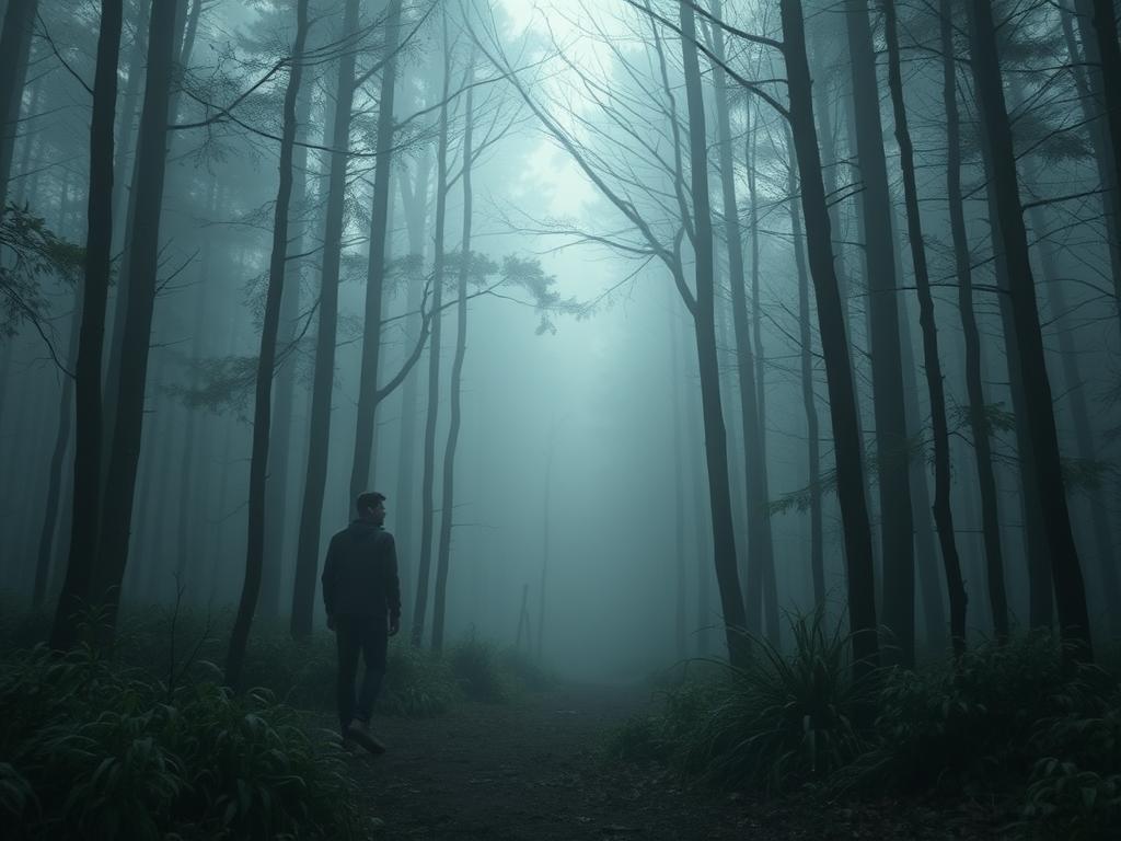 Osoba zagubiona w mglistym lesie, rozglądająca się niepewnie
