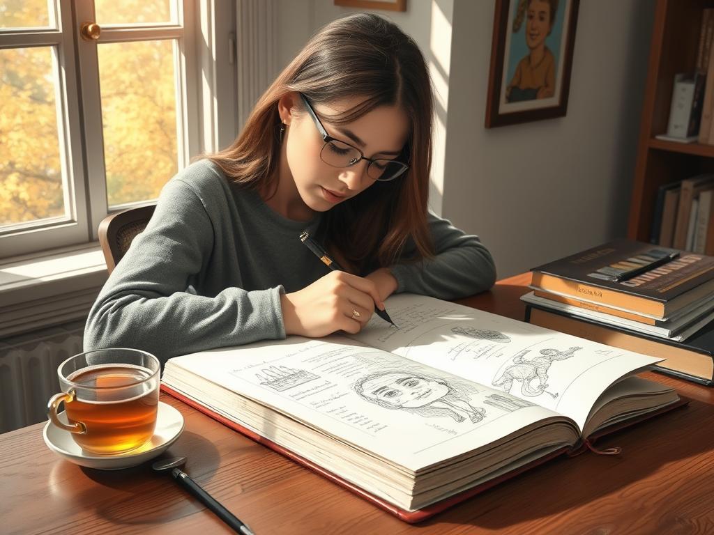 Osoba zapisująca swoje sny w dzienniku symbolizująca interpretację sennik ucieczka