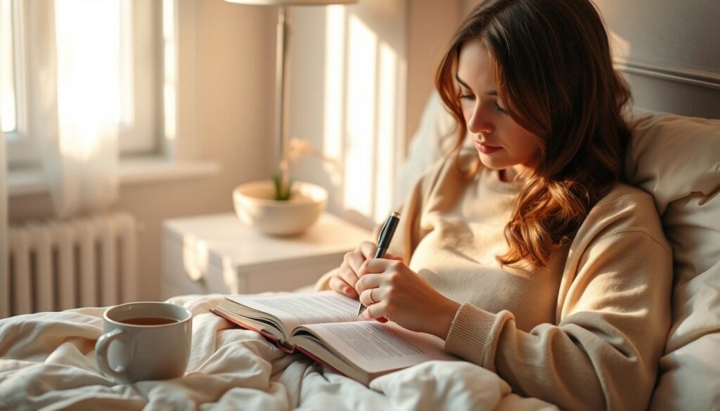 Osoba zapisująca swoje sny w dzienniku, symbolizująca interpretację snów