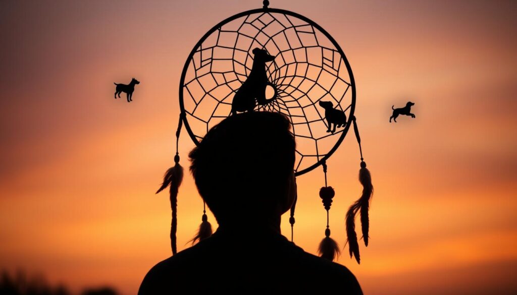 Osoba zastanawiająca się nad znaczeniem snu o psie, z symbolicznymi elementami interpretacji
