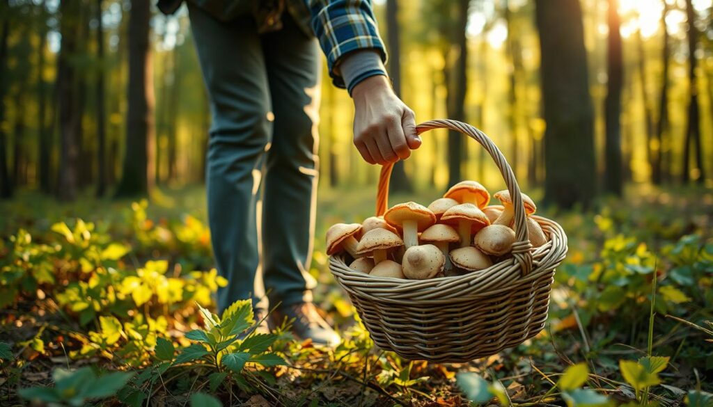 Osoba zbierająca grzyby w lesie, koszyk pełen borowików