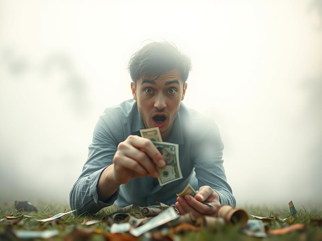 Osoba znajdująca pieniądze na ziemi podczas snu, symbolizujące szczęście i niespodziewane korzyści