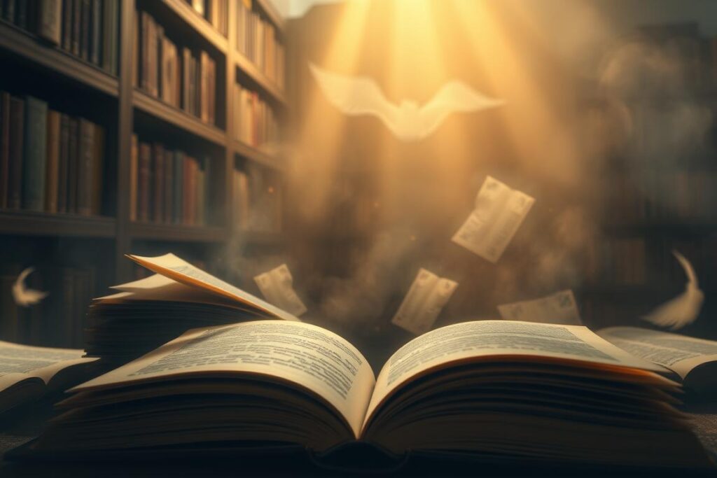 Otwarte książki w sennym, mistycznym otoczeniu - sennik przedmioty