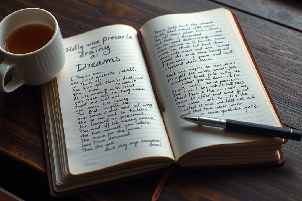 Otwarty dziennik snów z zapiskami o pociągach symbolizujący analizę sennik pociągi