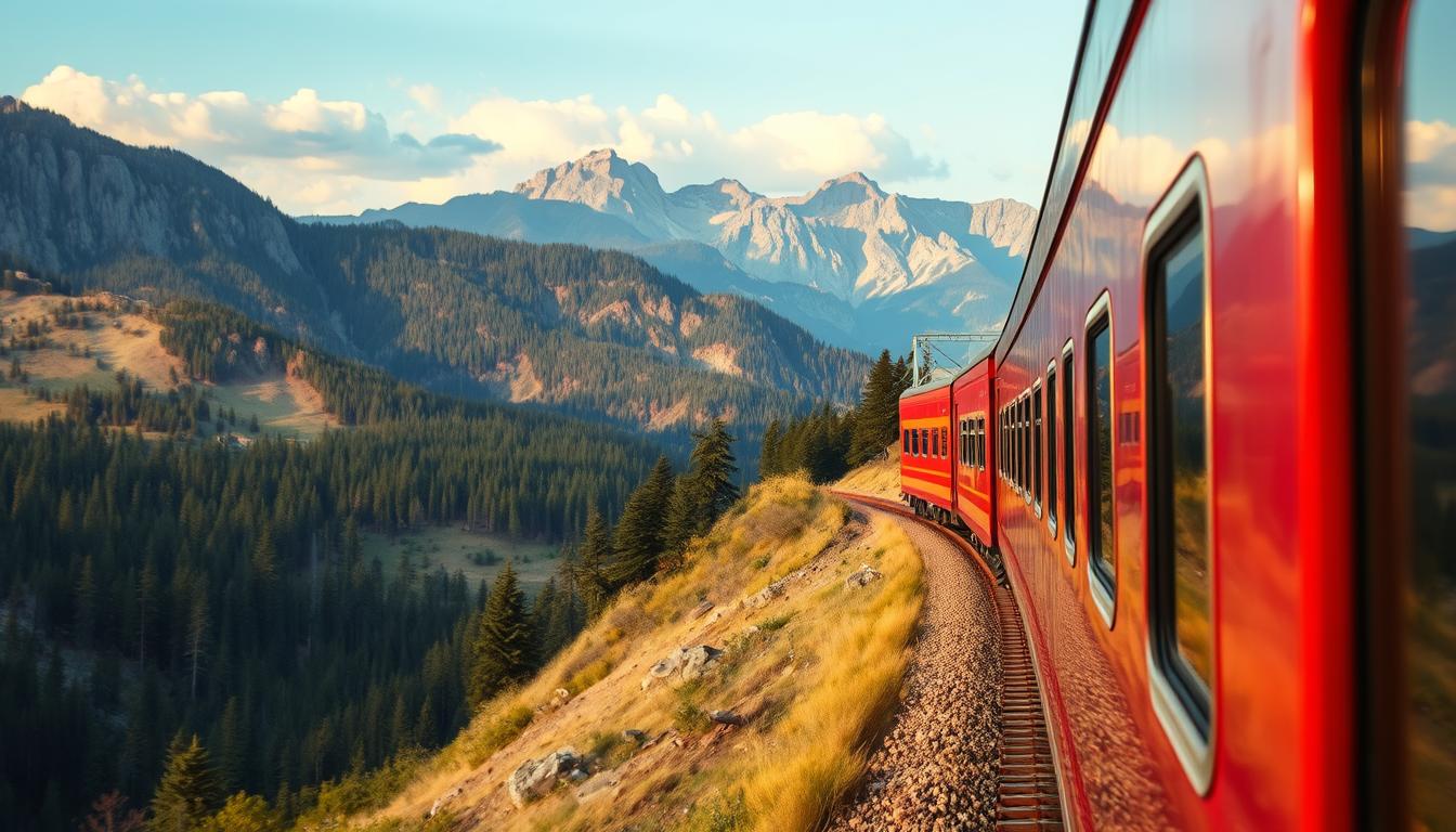 Pociąg jadący przez malowniczy krajobraz symbolizujący podróż życiową w sennik pociągi