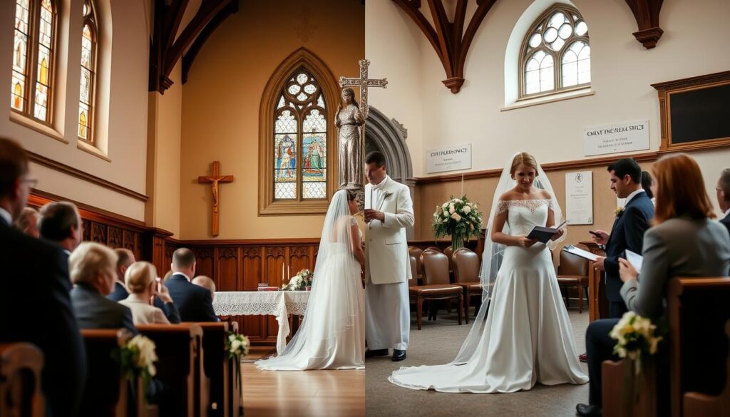 Porównanie ślubu kościelnego i cywilnego, symbolizujące różne rodzaje ceremonii w snach