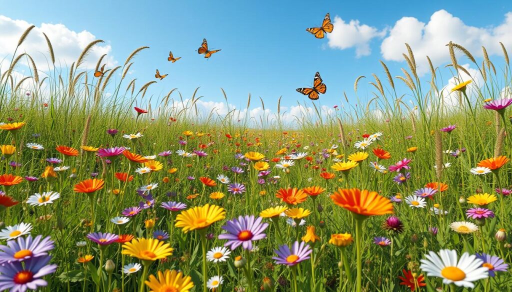 Rozległa, kwitnąca łąka pełna kolorowych kwiatów i wysokich traw