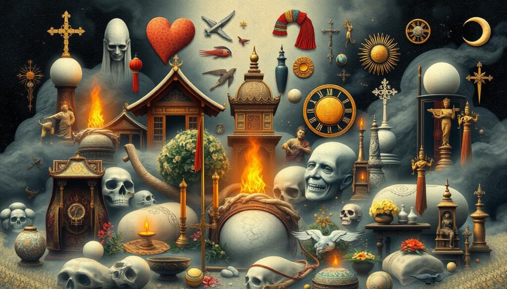 Różne kulturowe interpretacje pogrzebu we śnie - kolaż symboli z różnych kultur