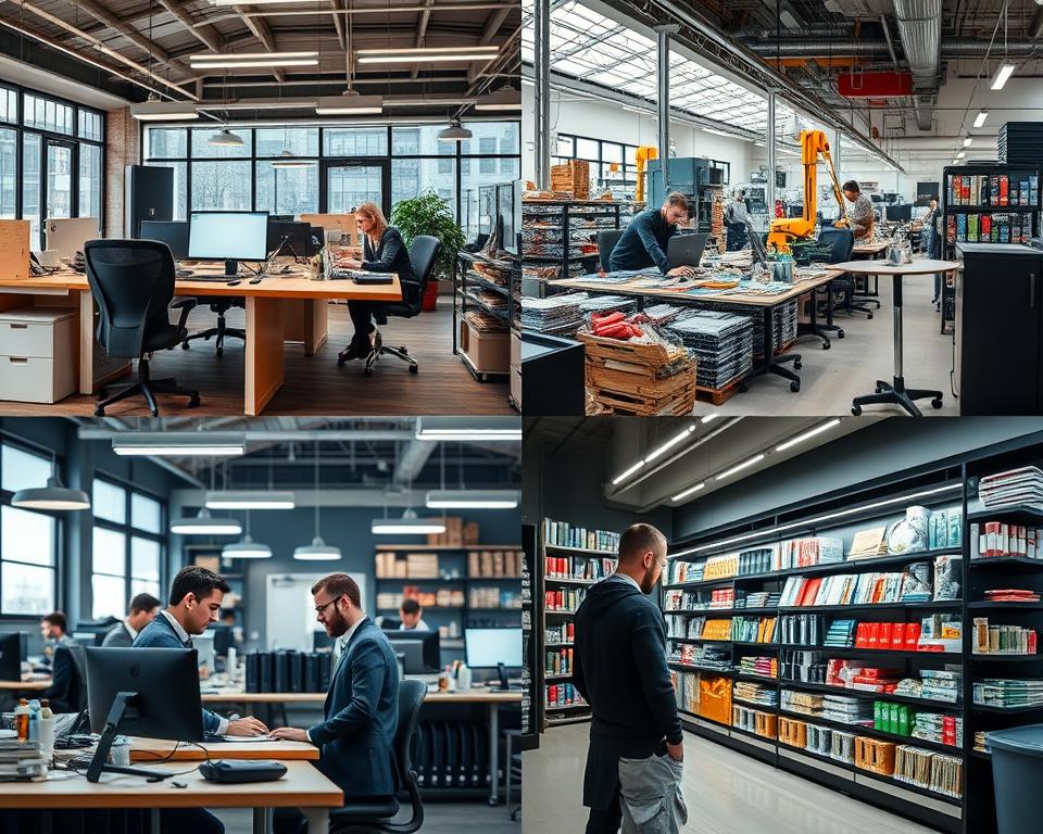 Różne miejsca pracy: biuro, fabryka i sklep, sennik praca