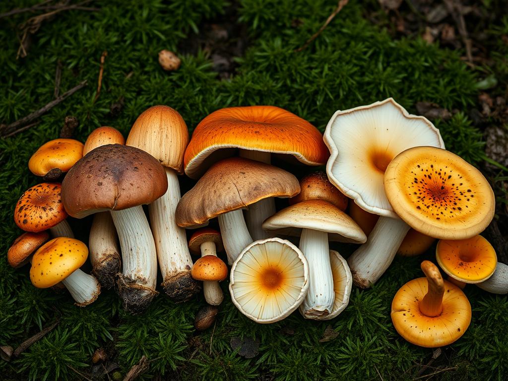 Różne rodzaje grzybów leśnych ułożone obok siebie, sennik las i grzyby