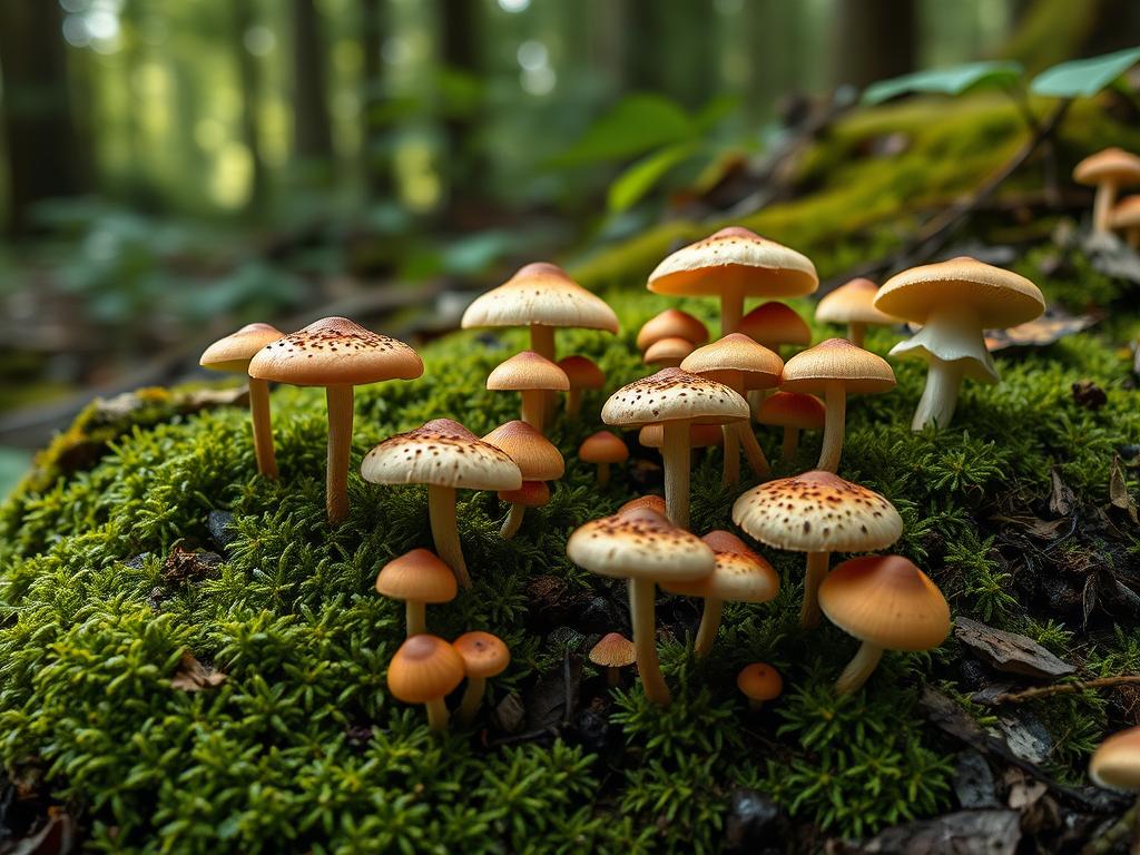 Różnorodne grzyby leśne rosnące na mchu w lesie, sennik las i grzyby