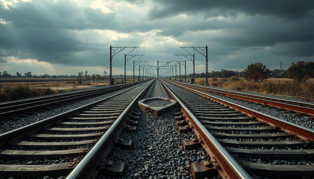 Rozwidlające się tory kolejowe symbolizujące wybory życiowe w sennik pociągi