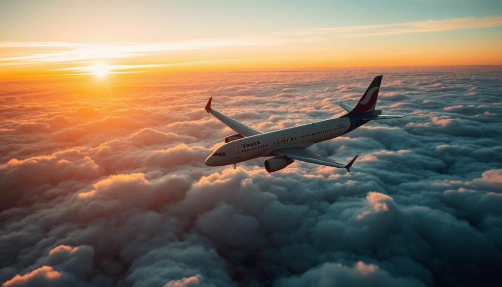 Samolot lecący wysoko nad chmurami symbolizujący wyższe aspiracje w sennik samoloty