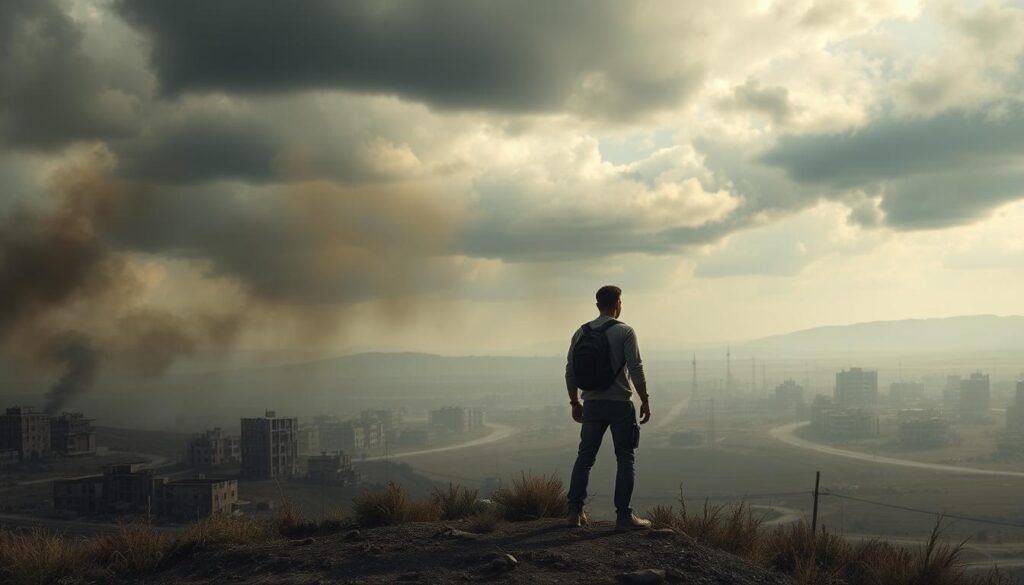 Scena z wojennego snu z osobą obserwującą zniszczenia symbolizująca sennik wojna