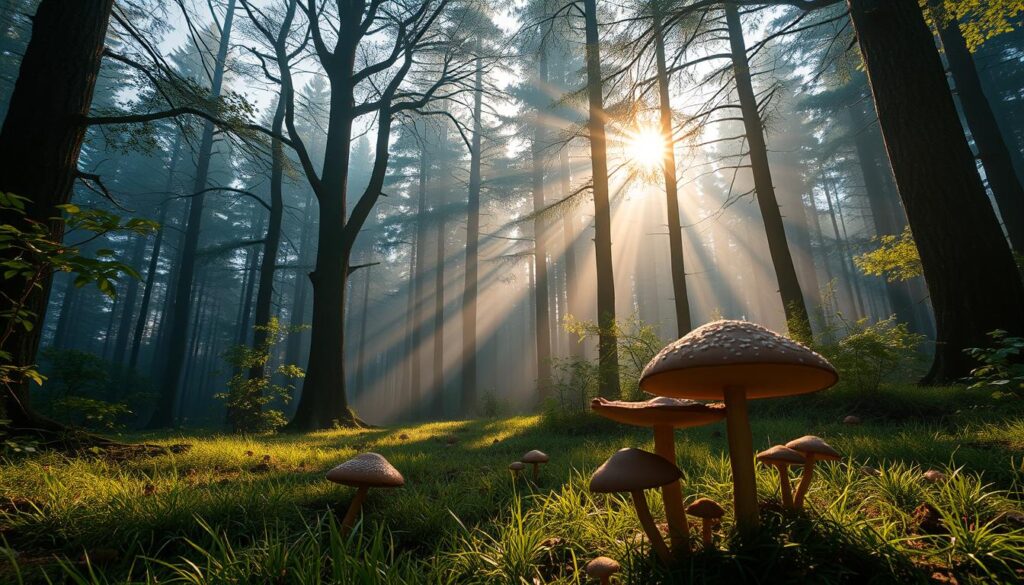 Spokojny leśny krajobraz z promieniami słońca i grzybami na pierwszym planie