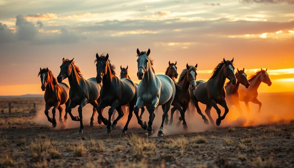 Stado dzikich koni galopujących przez równinę w sennik konie