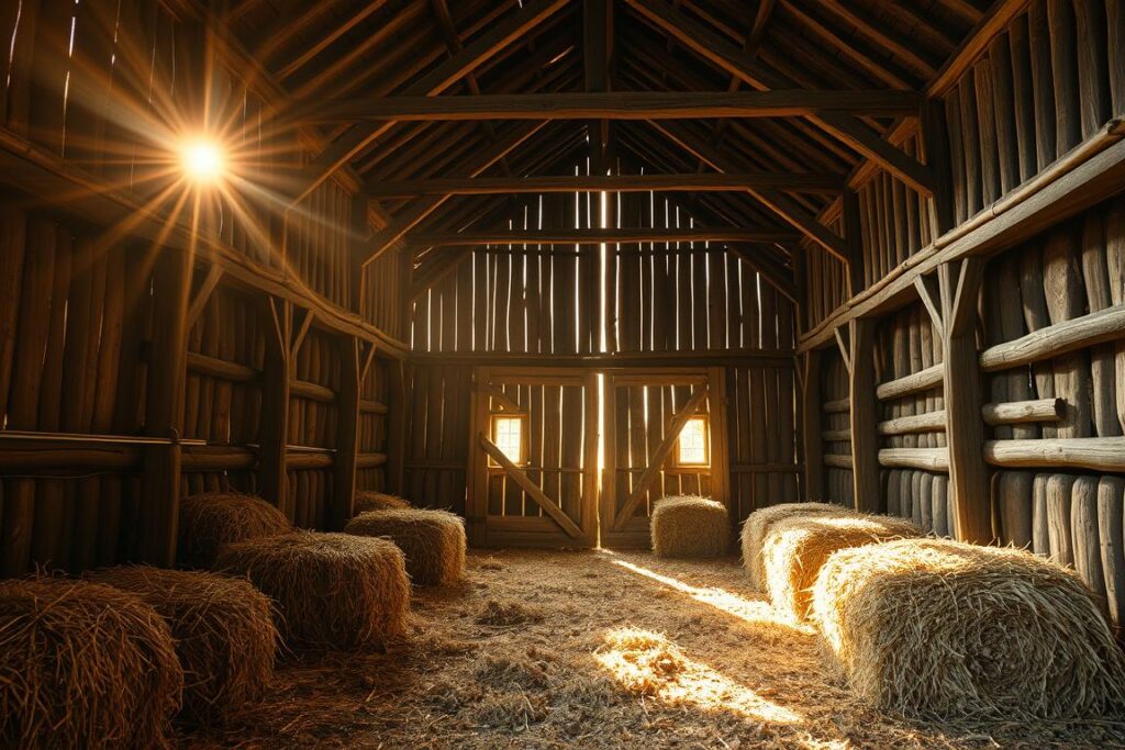 Stara drewniana stodoła ze stogami słomy w środku