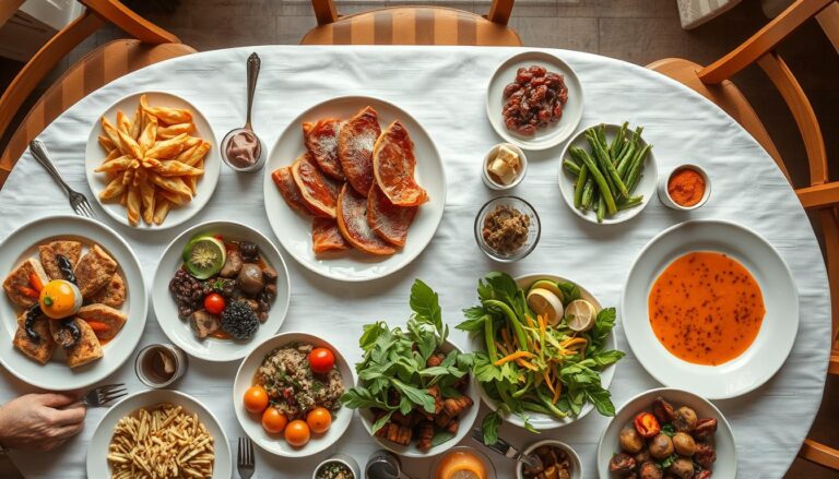 Stół zastawiony różnorodnymi potrawami symbolizujący sennik jedzenie