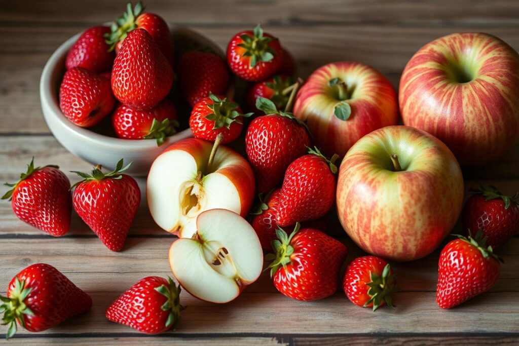 Świeże truskawki i jabłka symbolizujące sennik truskawki i sennik jabłka