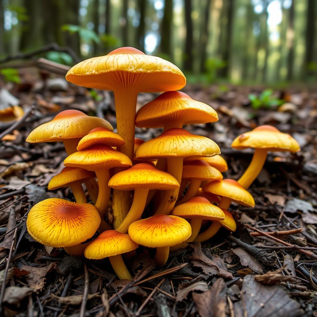 Świeżo zebrane kurki na leśnym poszyciu