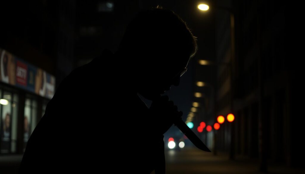 Sylwetka osoby z nożem w cieniu - sennik agresja