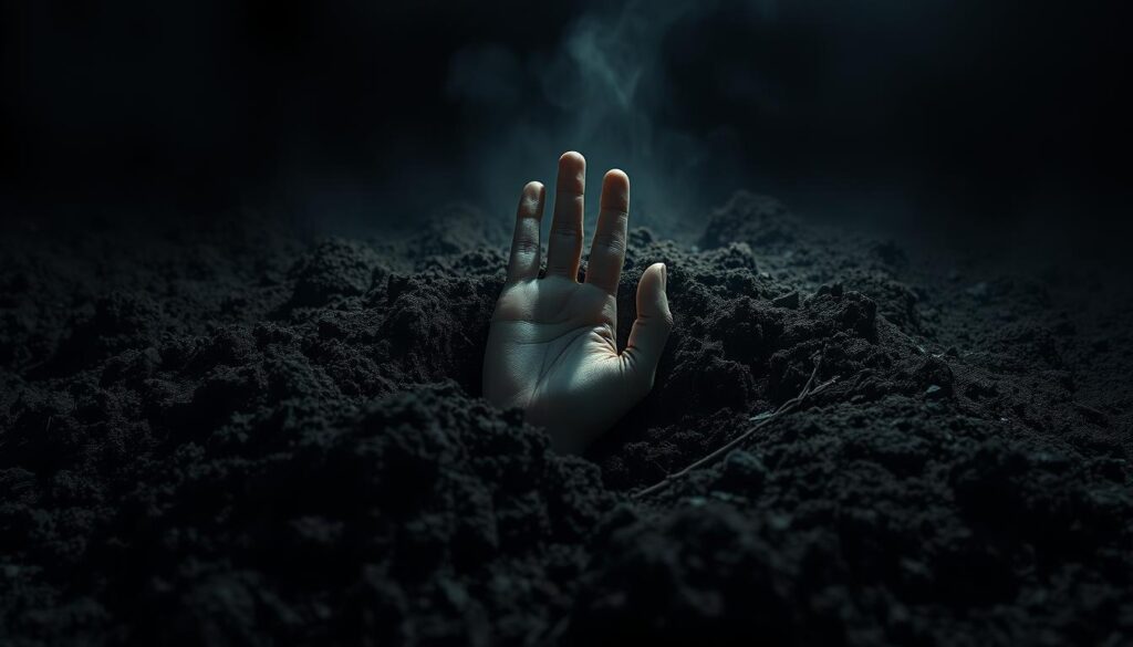 Symboliczne przedstawienie bycia pogrzebanym żywcem we śnie - dłoń wyłaniająca się z ziemi