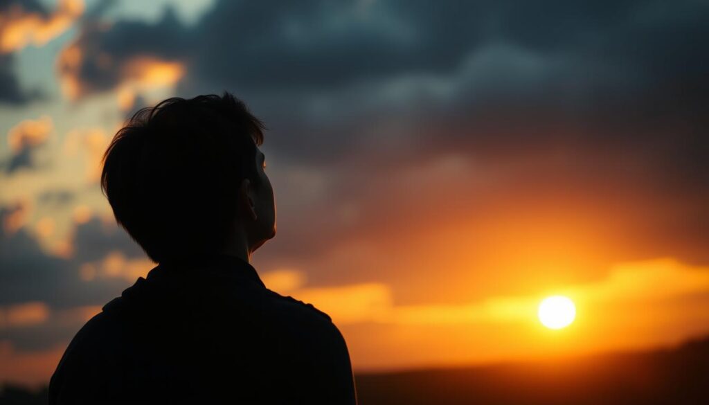 Symboliczne przedstawienie emocjonalnego uzdrowienia po śnie o pogrzebie - osoba patrząca na wschód słońca