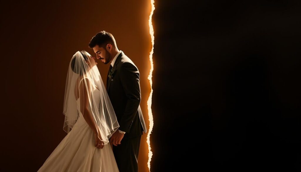 Symboliczne przedstawienie miłości i rozstania, ilustrujące dwoistość interpretacji snów o ślubie