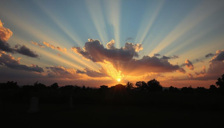 Symboliczne przedstawienie pogrzebu we śnie - zachód słońca nad cmentarzem symbolizujący koniec i nowy początek