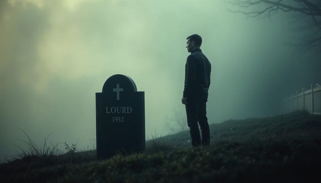 Symboliczne przedstawienie własnego pogrzebu we śnie - osoba stojąca obok własnego nagrobka