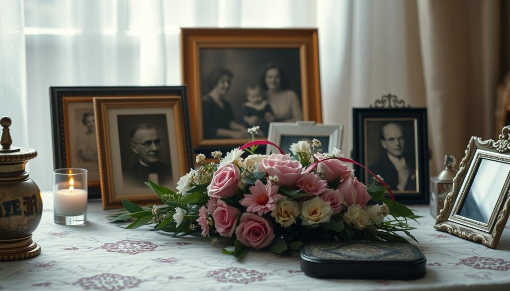 Symboliczny pogrzeb dziadków we śnie - stare zdjęcia rodzinne i kwiaty