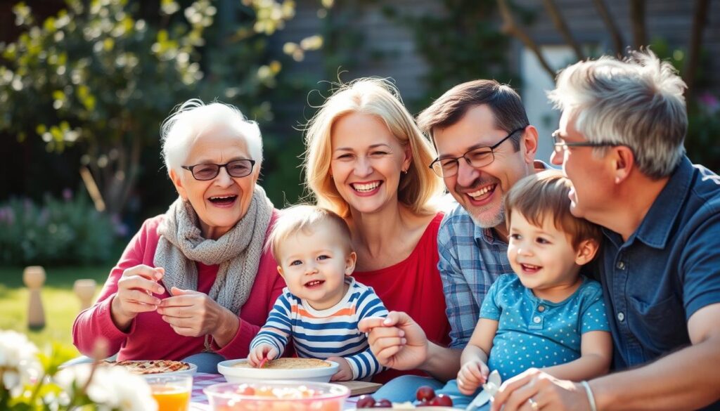 Szczęśliwa rodzina podczas wspólnego czasu, symbolizująca pozytywne sny o rodzinie