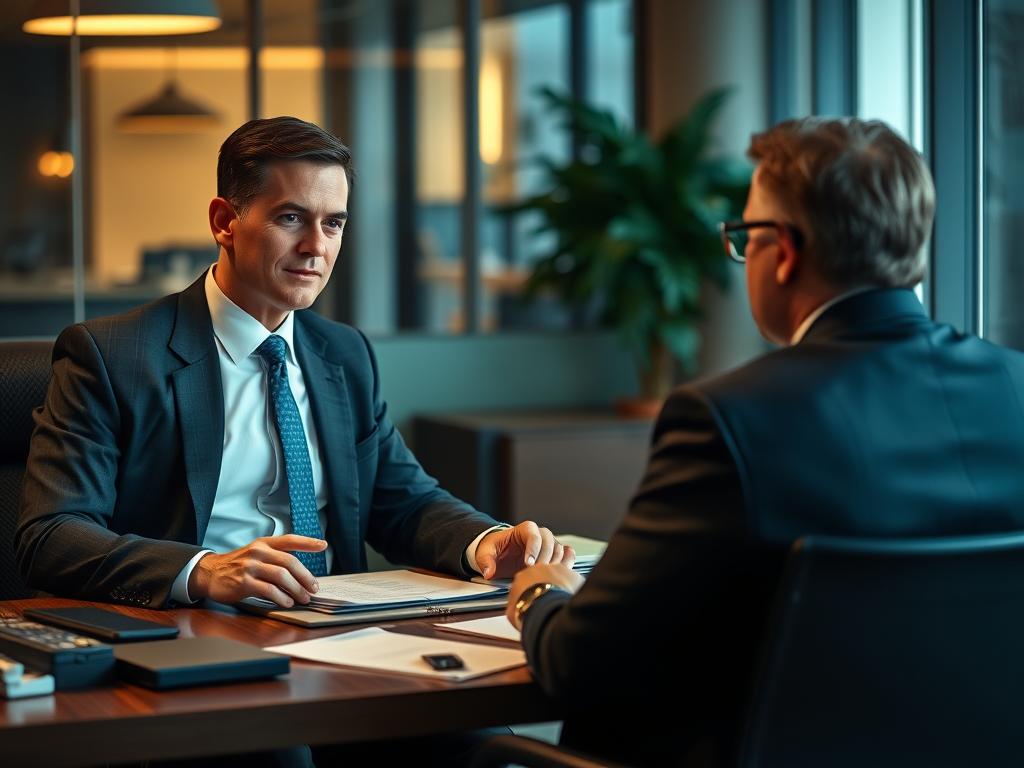 Szef za biurkiem podczas rozmowy z pracownikiem, sennik praca