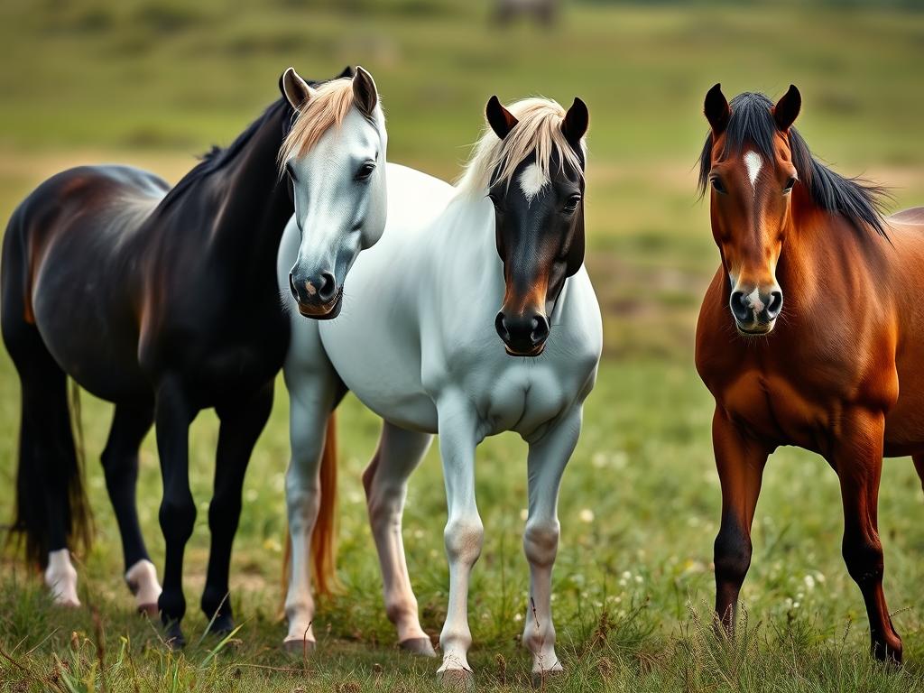Trzy konie różnych kolorów: biały, czarny i brązowy stojące obok siebie w sennik konie