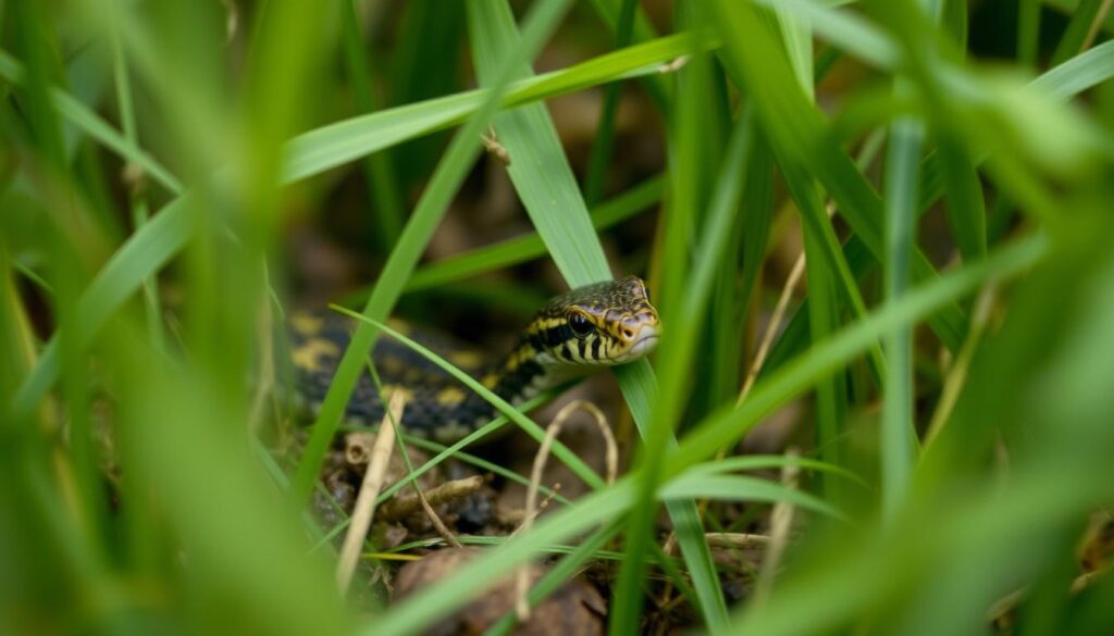 Wąż ukryty w trawie symbolizujący zdradę i podstęp w snach