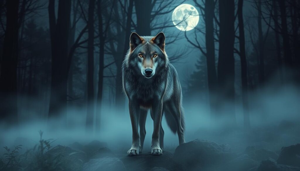 Wilk w lesie symbolizujący instynkty i intuicję w sennik konie