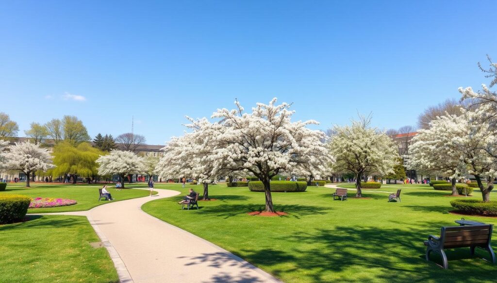 Zadbany park z alejkami, ławkami i kwitnącymi drzewami