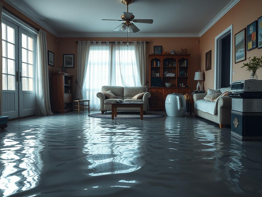 Zalane wodą wnętrze domu ilustrujące sennik woda w przestrzeni osobistej