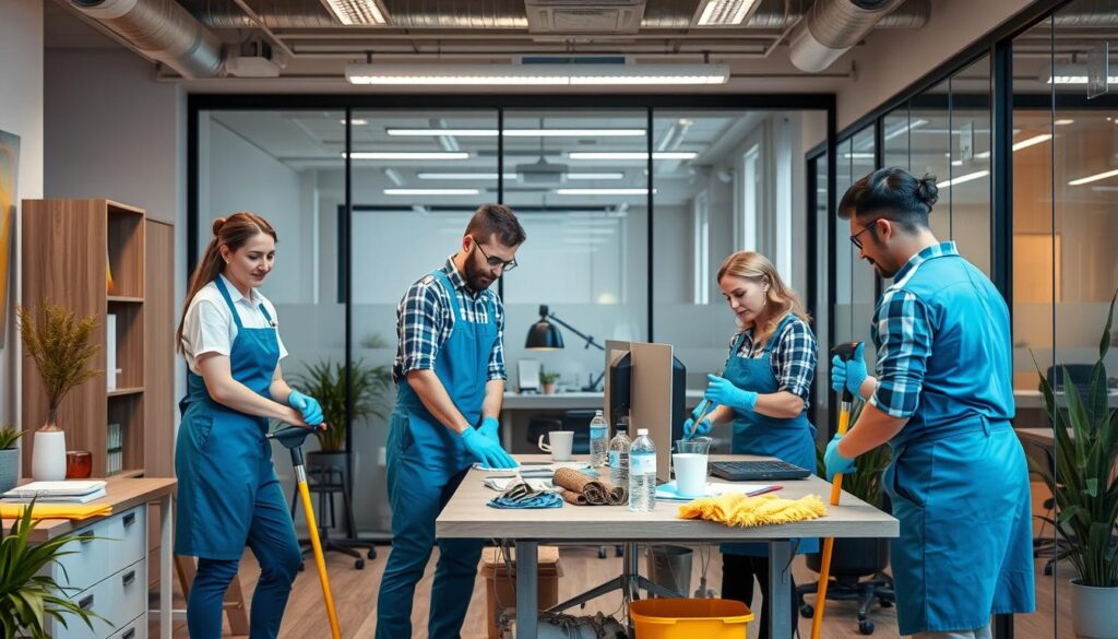 Zespół sprzątający biuro po godzinach pracy, sennik praca