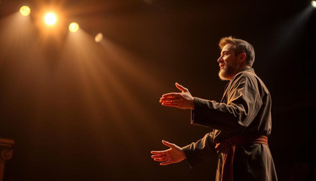 Aktor na scenie teatralnej podczas występu w dramatycznej pozie