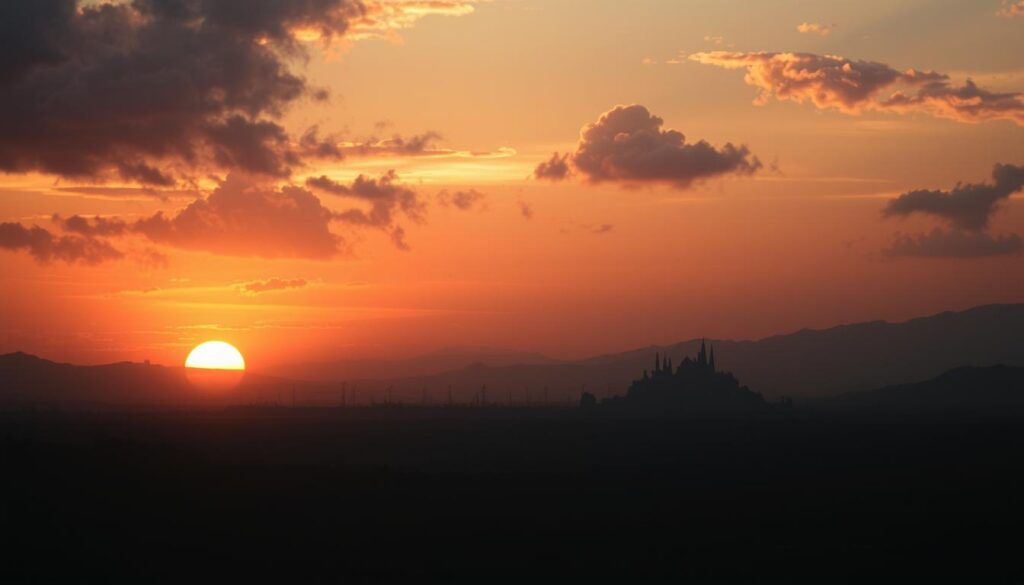 Apokaliptyczny krajobraz z zachodem słońca, symbolizujący koniec jednego etapu i początek nowego