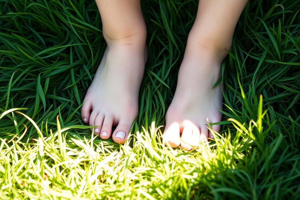 Bose stopy na trawie, symbolizujące wolność i kontakt z naturą w sennikach