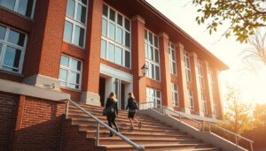 Budynek szkoły z uczniami wchodzącymi po schodach, symbolizujący sny o szkole i nauce