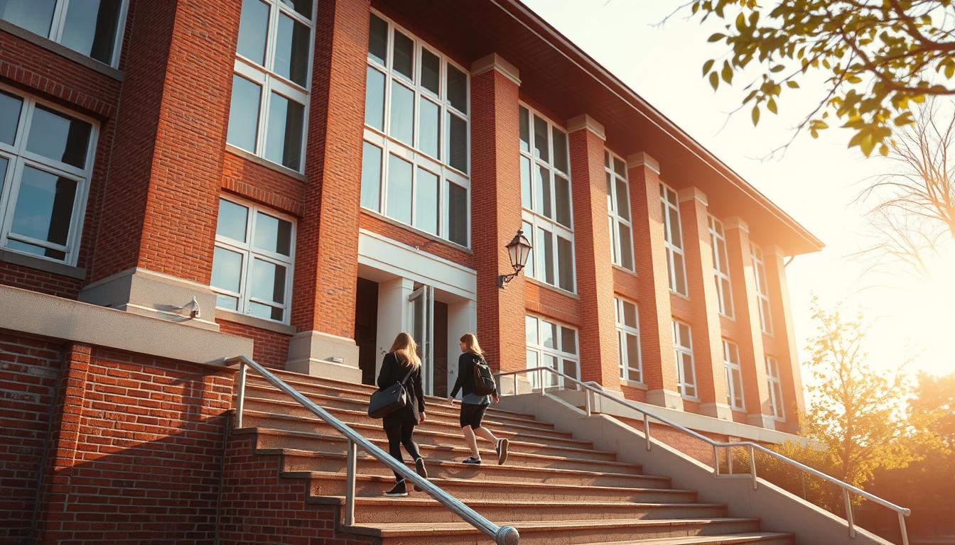 Budynek szkoły z uczniami wchodzącymi po schodach, symbolizujący sny o szkole i nauce