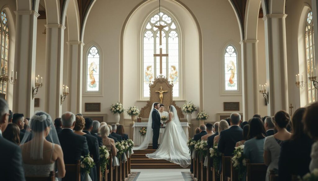 Ceremonia ślubu w kościele z parą młodą przy ołtarzu, sennik ślub w kościele