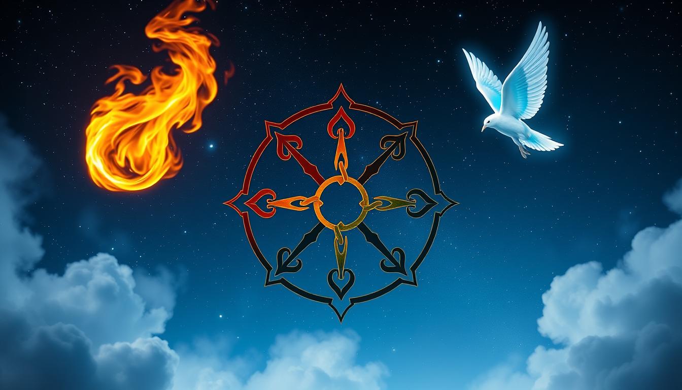 Cztery żywioły: ogień, woda, ziemia i powietrze przedstawione symbolicznie na tle nocnego nieba z gwiazdami