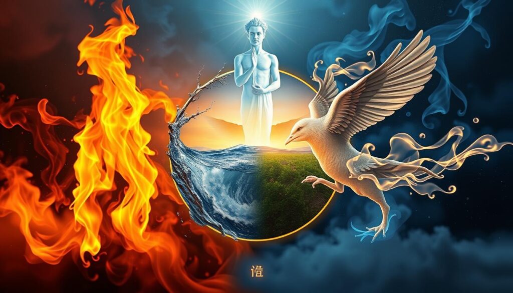 Cztery żywioły (ogień, woda, ziemia, powietrze) w harmonijnej interakcji, symbolizujące wewnętrzną równowagę