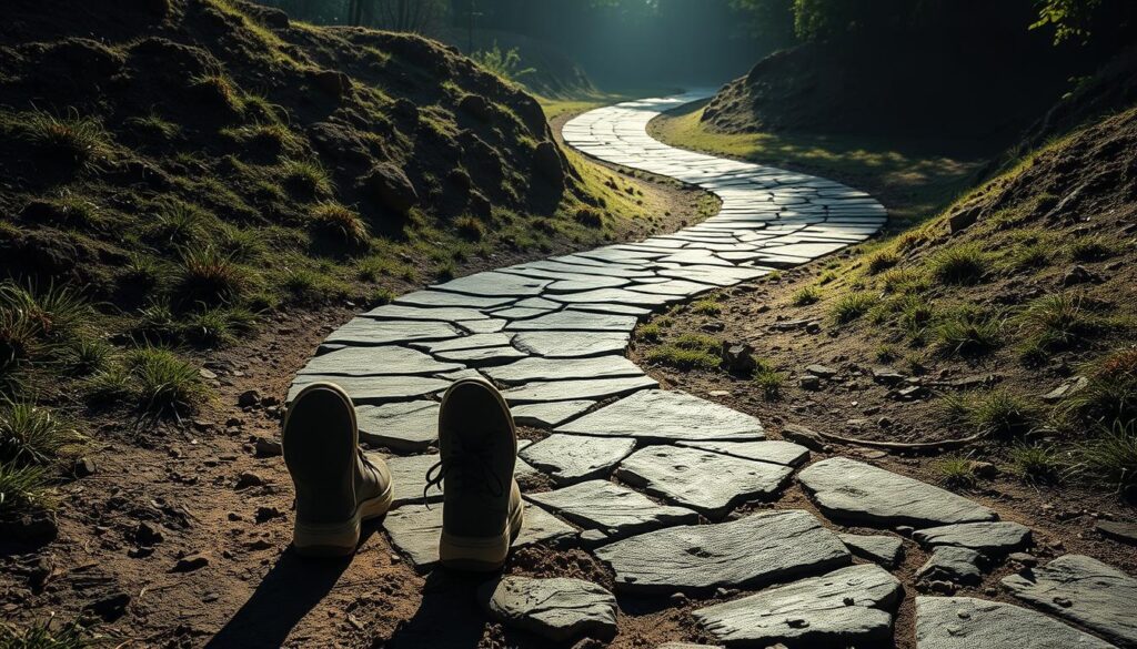 Droga z butami i śladami stóp, symbolizująca życiową podróż w sennikach