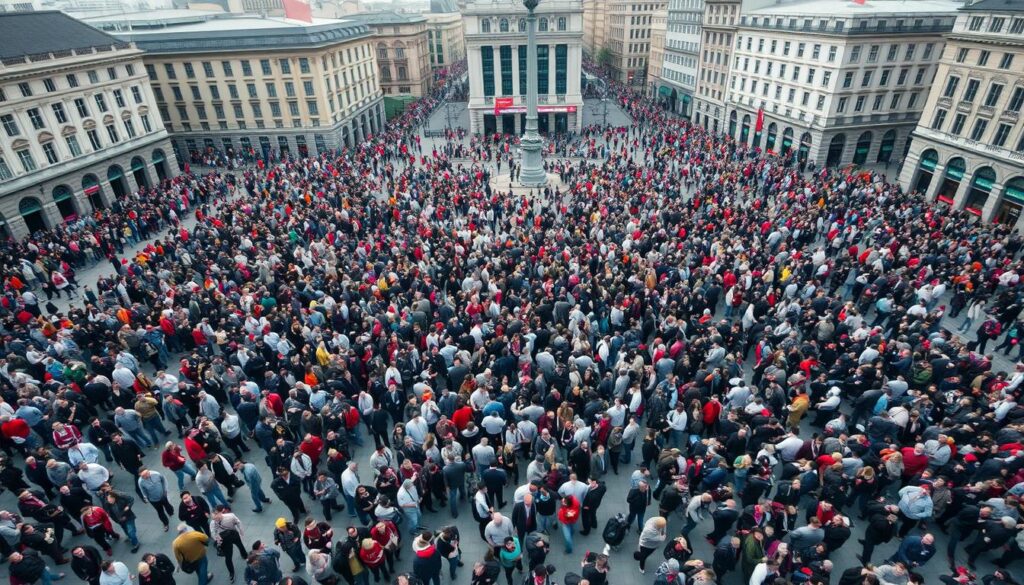 Duży tłum ludzi na zatłoczonym placu miejskim widziany z góry